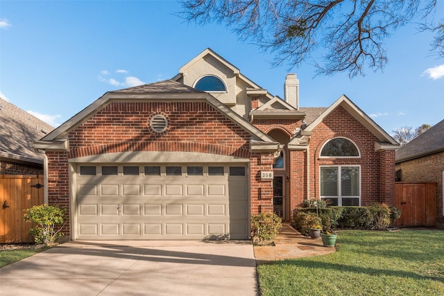 view of front facade featuring fence, an attached garage, a chimney, concrete driveway, and brick siding