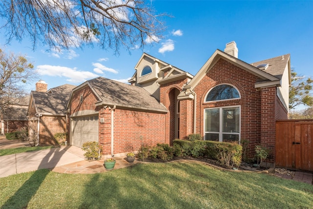 view of front facade featuring brick siding, a front yard, a chimney, a garage, and driveway