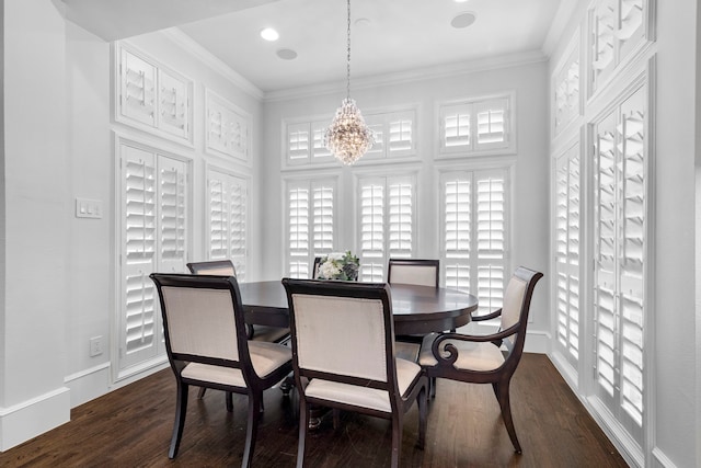 7607 Monticello Pkwy, Colleyville, TX 76034 - dining space featuring crown molding, baseboards, a chandelier, and dark wood-style floors