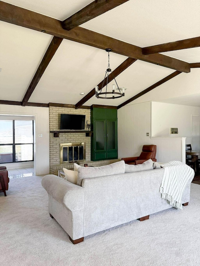 5204 Mansfield Rd, Arlington, TX 76017 - living area with a notable chandelier, carpet flooring, a fireplace, and vaulted ceiling with beams