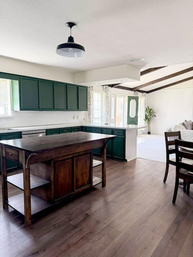 5204 Mansfield Rd, Arlington, TX 76017 - kitchen featuring green cabinets, light countertops, visible vents, and dark wood-style flooring