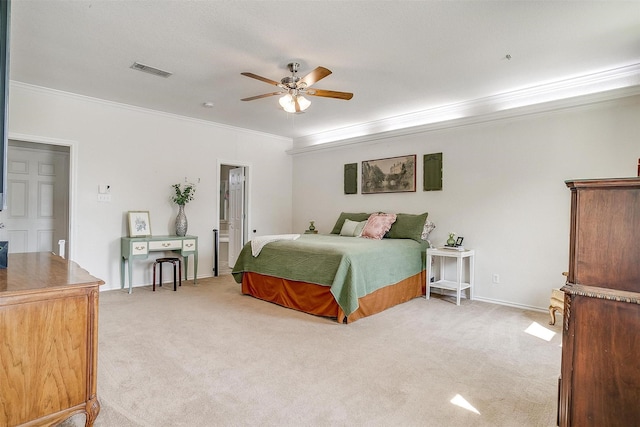 2212 Summit Dr, Burleson, TX 76028 - bedroom featuring ornamental molding, light colored carpet, baseboards, and ceiling fan