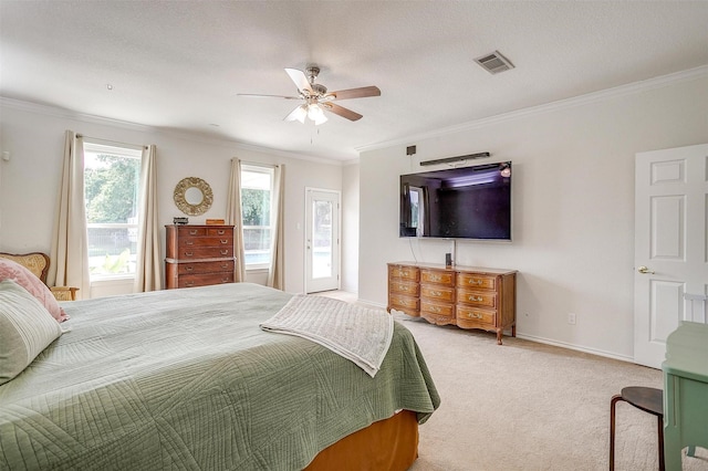 2212 Summit Dr, Burleson, TX 76028 - bedroom with crown molding, light colored carpet, baseboards, and ceiling fan