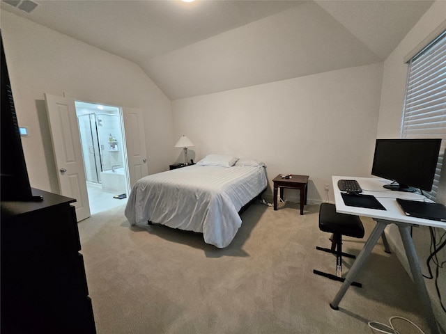 2856 Chester Dr, Celina, TX 75009 - bedroom featuring connected bathroom, lofted ceiling, light colored carpet, and visible vents