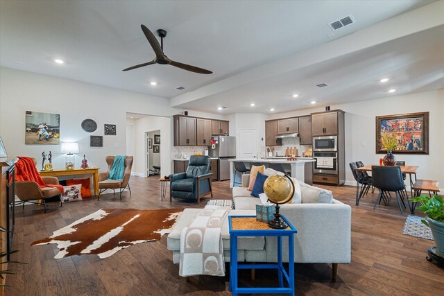 113 Glenwood Dr, Oak Point, TX 75068 - living room with ceiling fan, recessed lighting, and dark wood-type flooring