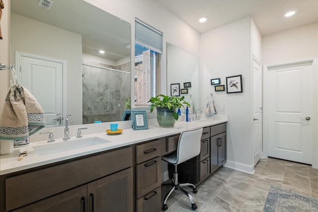 113 Glenwood Dr, Oak Point, TX 75068 - full bathroom featuring double vanity, a stall shower, and recessed lighting