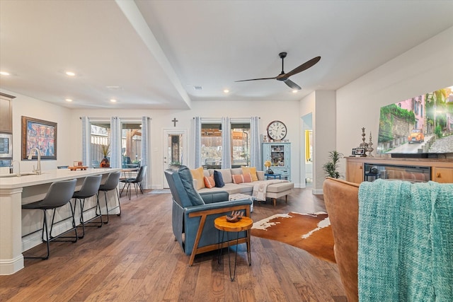 113 Glenwood Dr, Oak Point, TX 75068 - living area featuring wood finished floors, recessed lighting, and ceiling fan