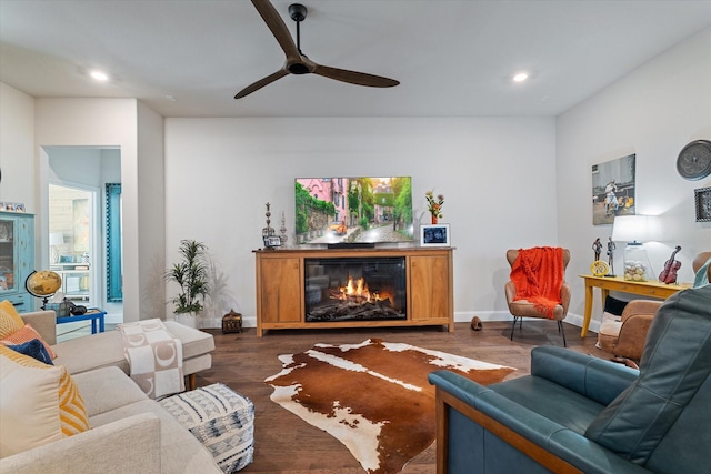 113 Glenwood Dr, Oak Point, TX 75068 - living room with a glass covered fireplace, dark wood-type flooring, ceiling fan, and recessed lighting