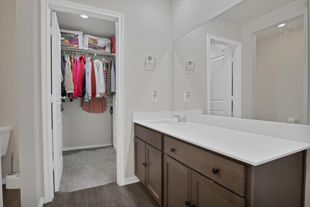808 Glover Dr, Aubrey, TX 76227 - bathroom featuring baseboards, a walk in closet, wood finished floors, and vanity