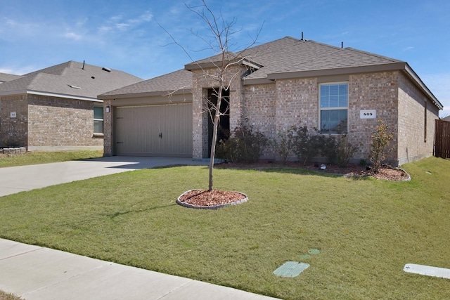 808 Glover Dr, Aubrey, TX 76227 - single story home featuring roof with shingles, an attached garage, brick siding, a front yard, and driveway