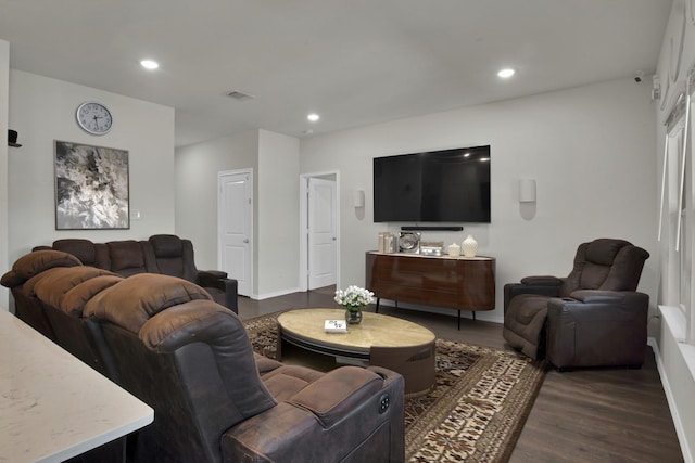 808 Glover Dr, Aubrey, TX 76227 - living room with baseboards, recessed lighting, dark wood-style floors, and visible vents
