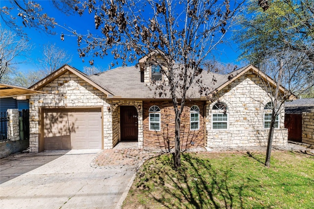 4512 Fletcher Ave, Fort Worth, TX 76107 - view of front of house featuring stone siding, driveway, an attached garage, and a front yard