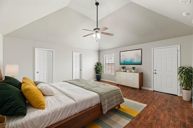 4512 Fletcher Ave, Fort Worth, TX 76107 - bedroom with visible vents, dark wood-type flooring, baseboards, lofted ceiling, and a ceiling fan