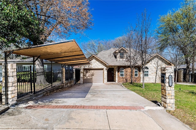4512 Fletcher Ave, Fort Worth, TX 76107 - view of front of house with driveway, stone siding, fence, an attached garage, and a front yard