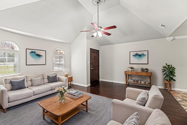 4512 Fletcher Ave, Fort Worth, TX 76107 - living room featuring dark wood finished floors, high vaulted ceiling, baseboards, and ceiling fan