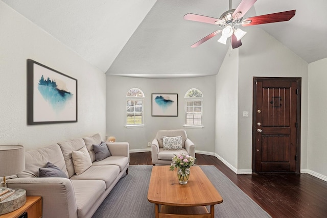 4512 Fletcher Ave, Fort Worth, TX 76107 - living room featuring vaulted ceiling, a ceiling fan, dark wood-style flooring, and baseboards