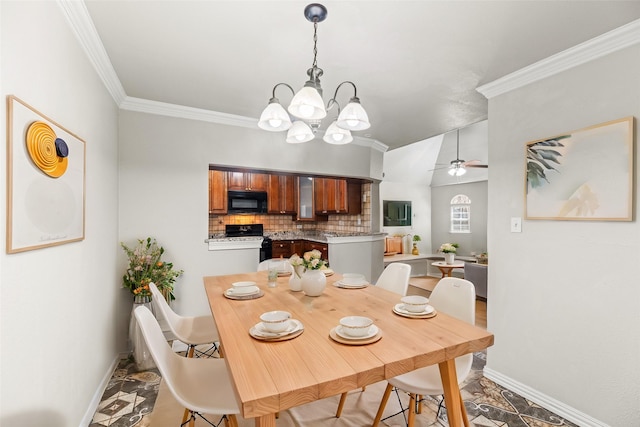 4512 Fletcher Ave, Fort Worth, TX 76107 - dining room with baseboards, crown molding, and ceiling fan with notable chandelier
