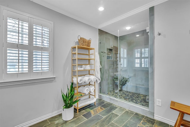 9702 Trail Hill Dr, Dallas, TX 75238 - full bathroom featuring baseboards, recessed lighting, a stall shower, stone finish floor, and crown molding