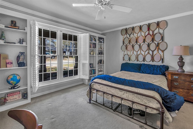9702 Trail Hill Dr, Dallas, TX 75238 - carpeted bedroom with a ceiling fan and ornamental molding