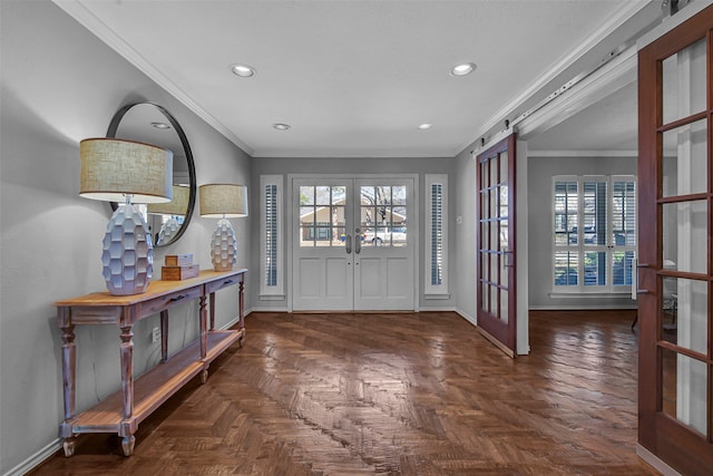9702 Trail Hill Dr, Dallas, TX 75238 - entryway featuring crown molding, french doors, baseboards, and a wealth of natural light