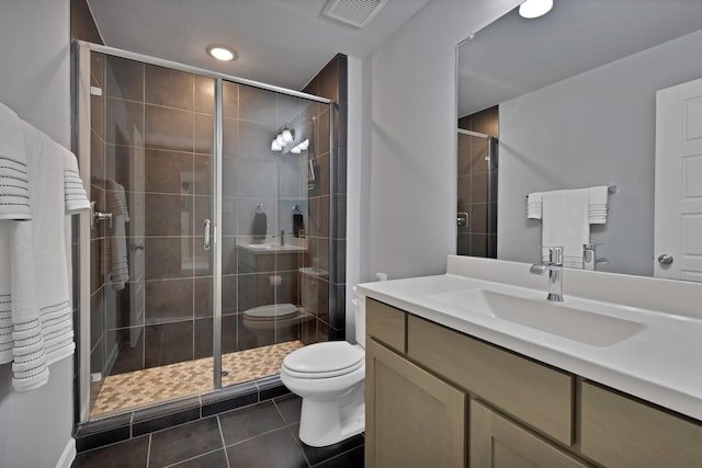 full bathroom with tile patterned floors, visible vents, a shower stall, and toilet