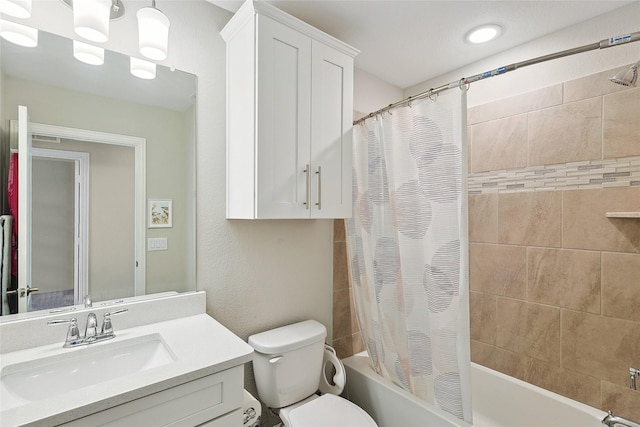 262 Jones St, Irving, TX 75063 - bathroom featuring vanity, shower / bathtub combination with curtain, toilet, and a chandelier