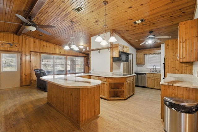 kitchen featuring open shelves, ceiling fan, vaulted ceiling, and a sink