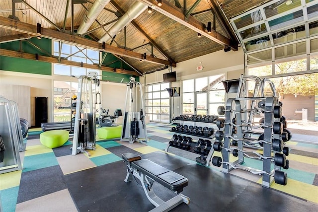108 Oakmont Dr, Argyle, TX 76226 - gym with high vaulted ceiling and wood ceiling
