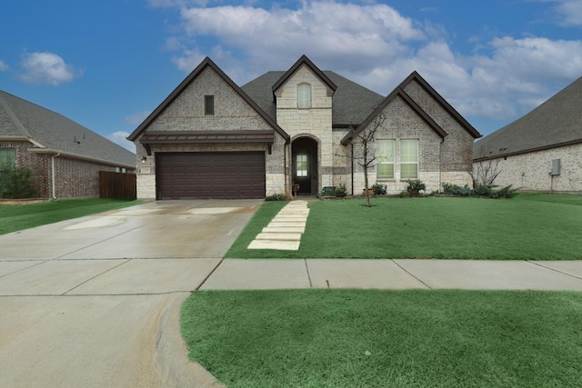 french country inspired facade featuring concrete driveway, stone siding, a front lawn, and brick siding