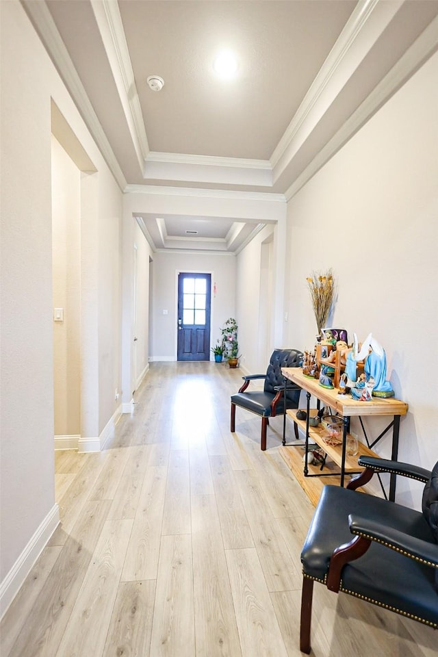 209 Chesapeake Dr, Forney, TX 75126 - hallway featuring a raised ceiling, light wood-style flooring, baseboards, and ornamental molding