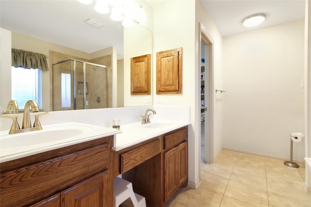 full bathroom featuring a shower stall, visible vents, tile patterned floors, and vanity