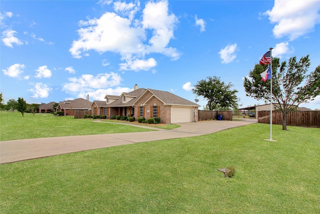 view of front of house featuring brick siding, an attached garage, concrete driveway, and fence