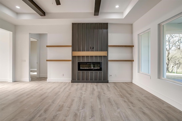 224 Ash Creek Dr W, Azle, TX 76020 - unfurnished living room with baseboards, beamed ceiling, recessed lighting, and light wood-type flooring