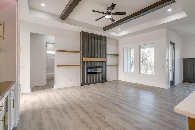 224 Ash Creek Dr W, Azle, TX 76020 - unfurnished living room with a tray ceiling, a ceiling fan, light wood-style floors, and beamed ceiling