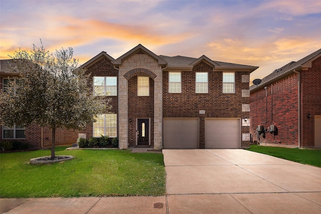 2224 Loreto Dr, Fort Worth, TX 76177 - traditional-style home featuring stone siding, a garage, concrete driveway, a yard, and brick siding