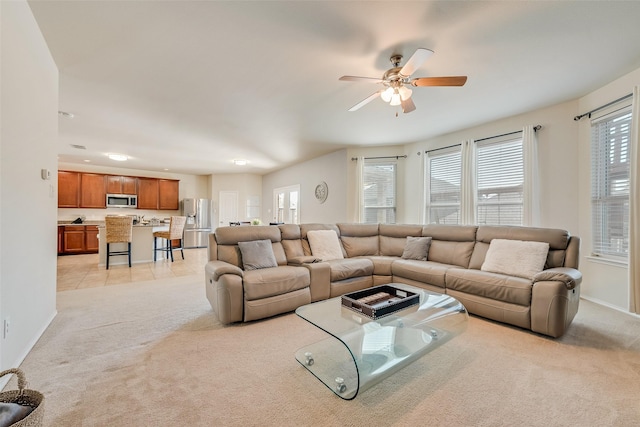 2224 Loreto Dr, Fort Worth, TX 76177 - living room featuring light carpet, plenty of natural light, ceiling fan, and recessed lighting
