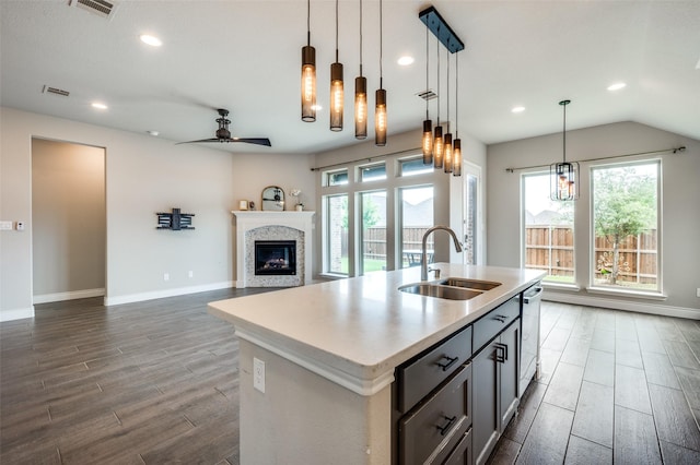 9600 Blue Stem Ln, Little Elm, TX 75068 - kitchen featuring a sink, dark wood-style floors, dishwasher, recessed lighting, and a ceiling fan