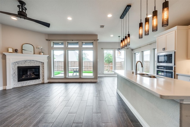 9600 Blue Stem Ln, Little Elm, TX 75068 - kitchen featuring oven, built in microwave, a sink, dark wood-style flooring, and open floor plan