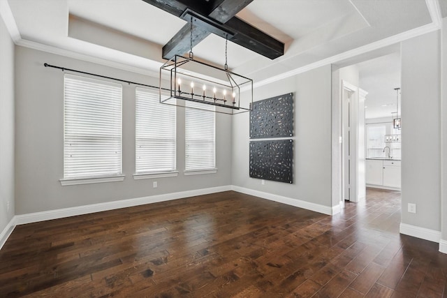 unfurnished dining area featuring a chandelier, a sink, dark wood-style floors, baseboards, and a raised ceiling