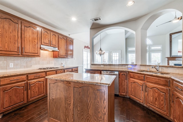 kitchen featuring vaulted ceiling, a sink, under cabinet range hood, stainless steel appliances, and dark wood-style flooring