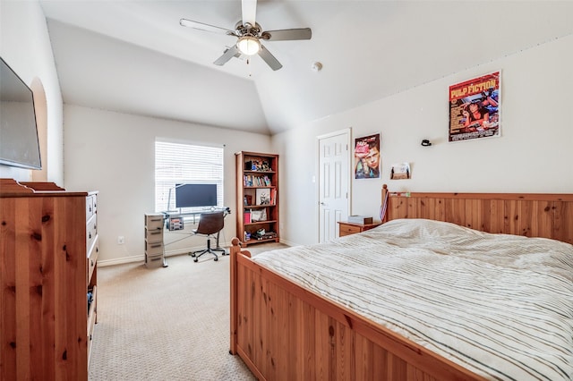 bedroom with a ceiling fan, light carpet, lofted ceiling, and baseboards