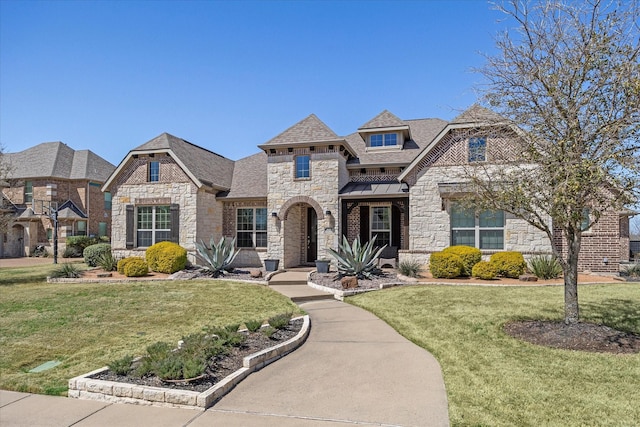 french country home with stone siding and a front lawn