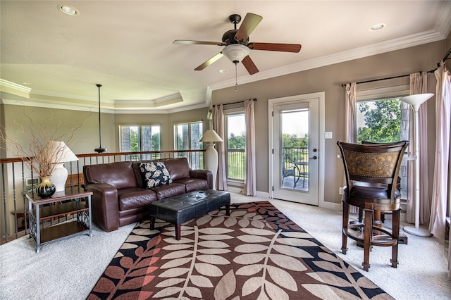living area featuring carpet flooring, ceiling fan, crown molding, recessed lighting, and baseboards