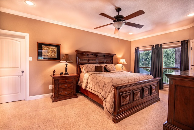 bedroom featuring light colored carpet, baseboards, crown molding, recessed lighting, and ceiling fan