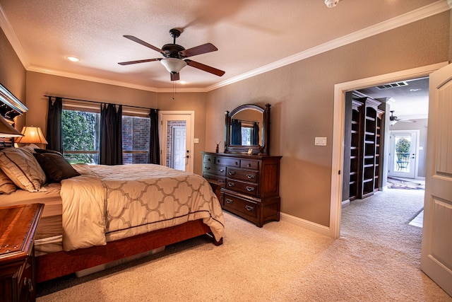 bedroom featuring light carpet, multiple windows, baseboards, ornamental molding, and ceiling fan