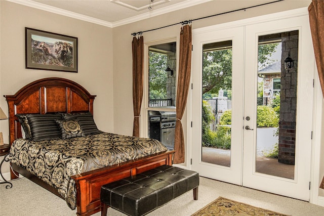 bedroom with french doors, access to exterior, carpet floors, and crown molding