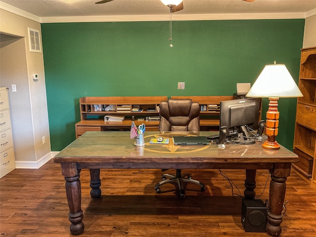 office featuring crown molding, wood finished floors, and baseboards