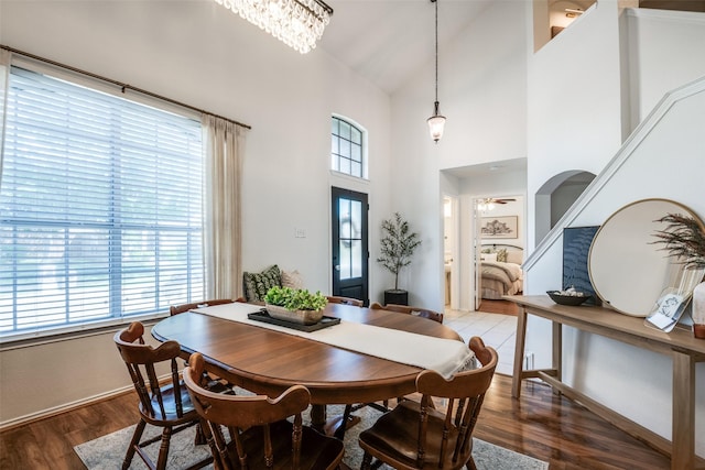 dining area featuring high vaulted ceiling, wood finished floors, and plenty of natural light