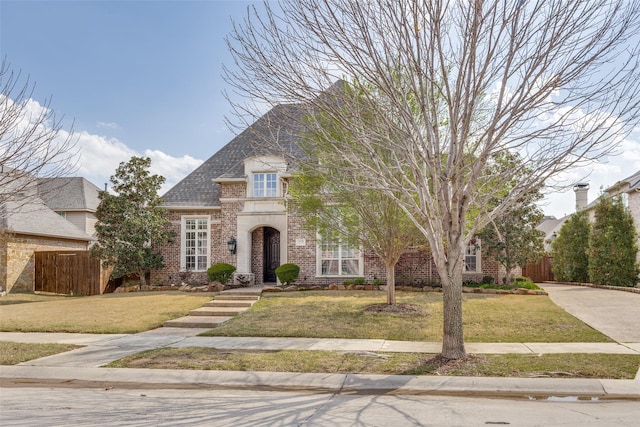 view of front of home with brick siding, fence, and a front yard