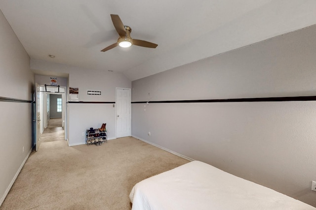 1312 Cattle Crossing Dr, Fort Worth, TX 76131 - bedroom featuring light carpet, baseboards, vaulted ceiling, and a ceiling fan
